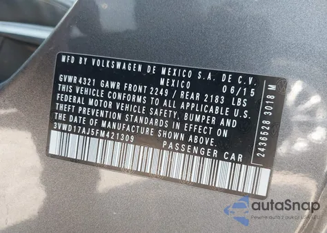 2015 Volkswagen Jetta 1.8T Sport from USA, damaged, VIN 3VWD17AJ5FM421309